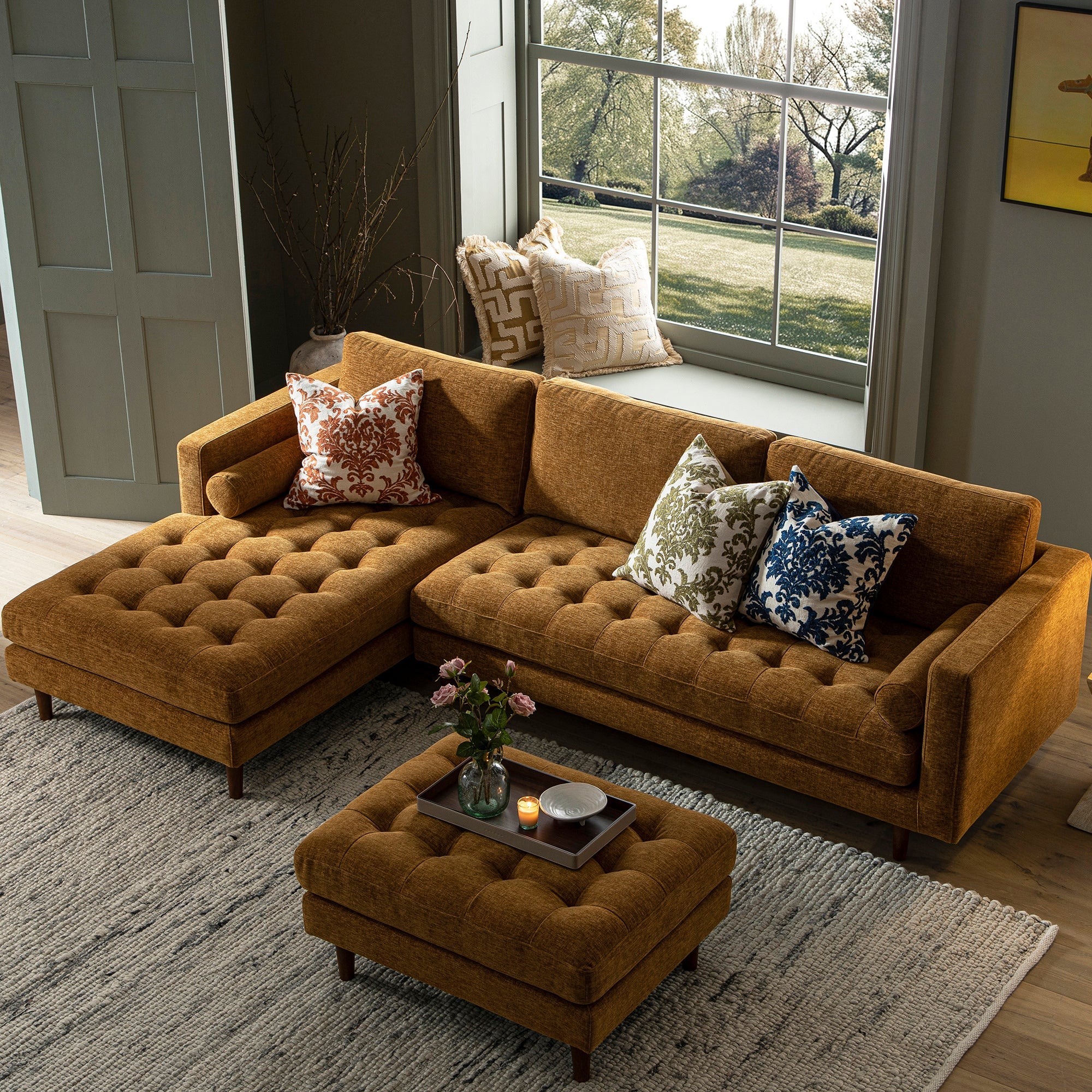 henrietta spiced honey chenille grand 4 seater chaise end sofa, left hand facing henrietta spiced honey chenille grand 4 seater chaise end sofa, left hand facing