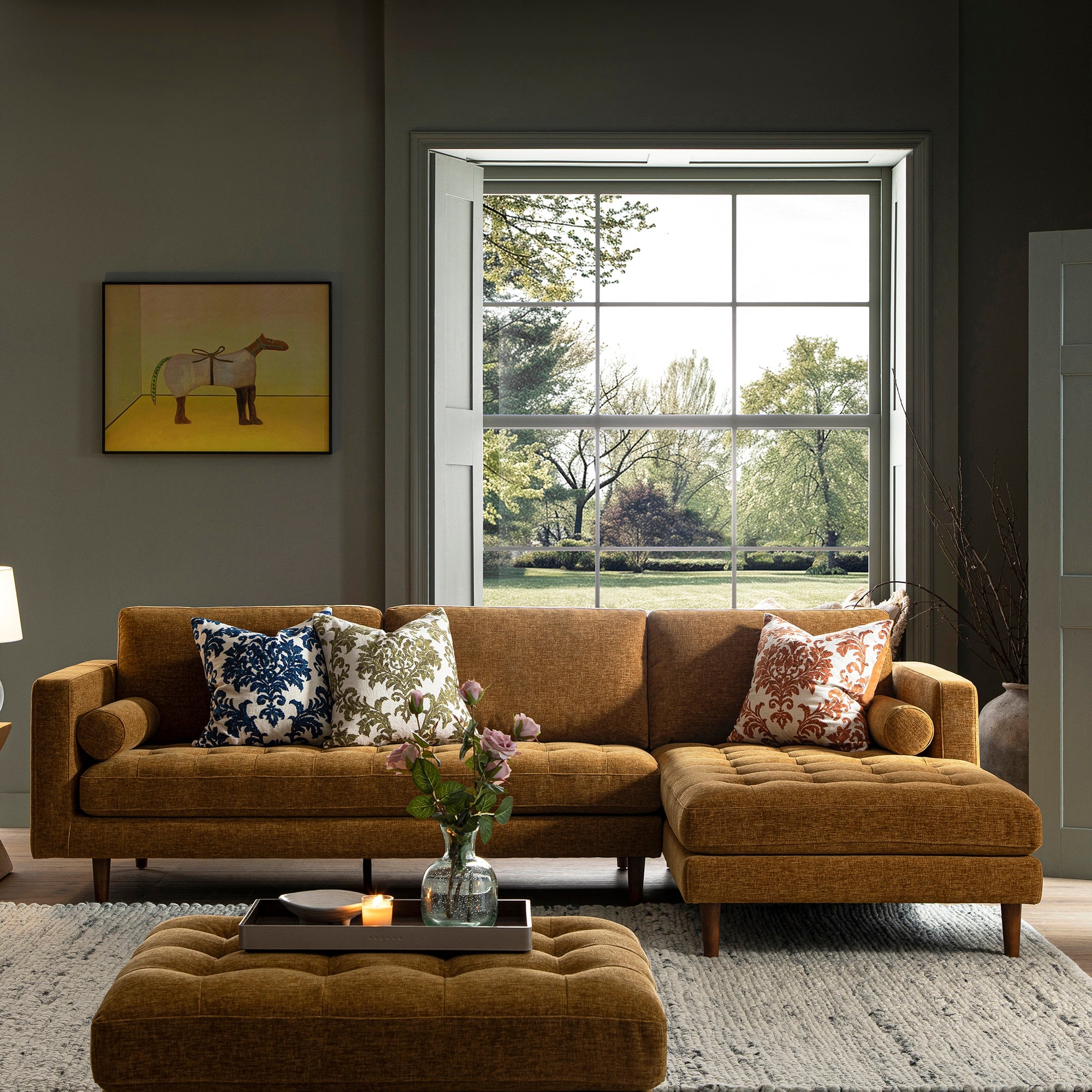 henrietta spiced honey chenille grand 4 seater chaise end sofa, right hand facing henrietta spiced honey chenille grand 4 seater chaise end sofa, right hand facing
