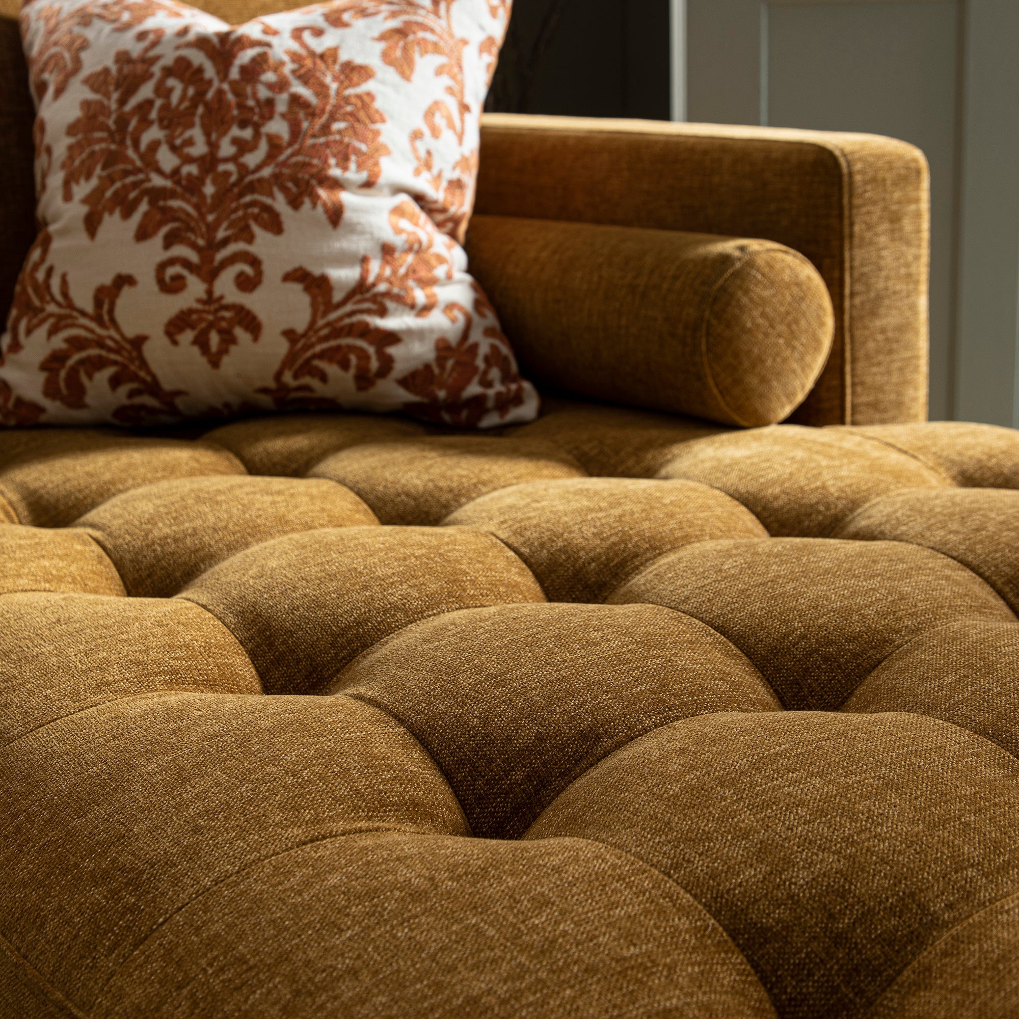 henrietta spiced honey chenille grand 4 seater chaise end sofa, right hand facing henrietta spiced honey chenille grand 4 seater chaise end sofa, right hand facing