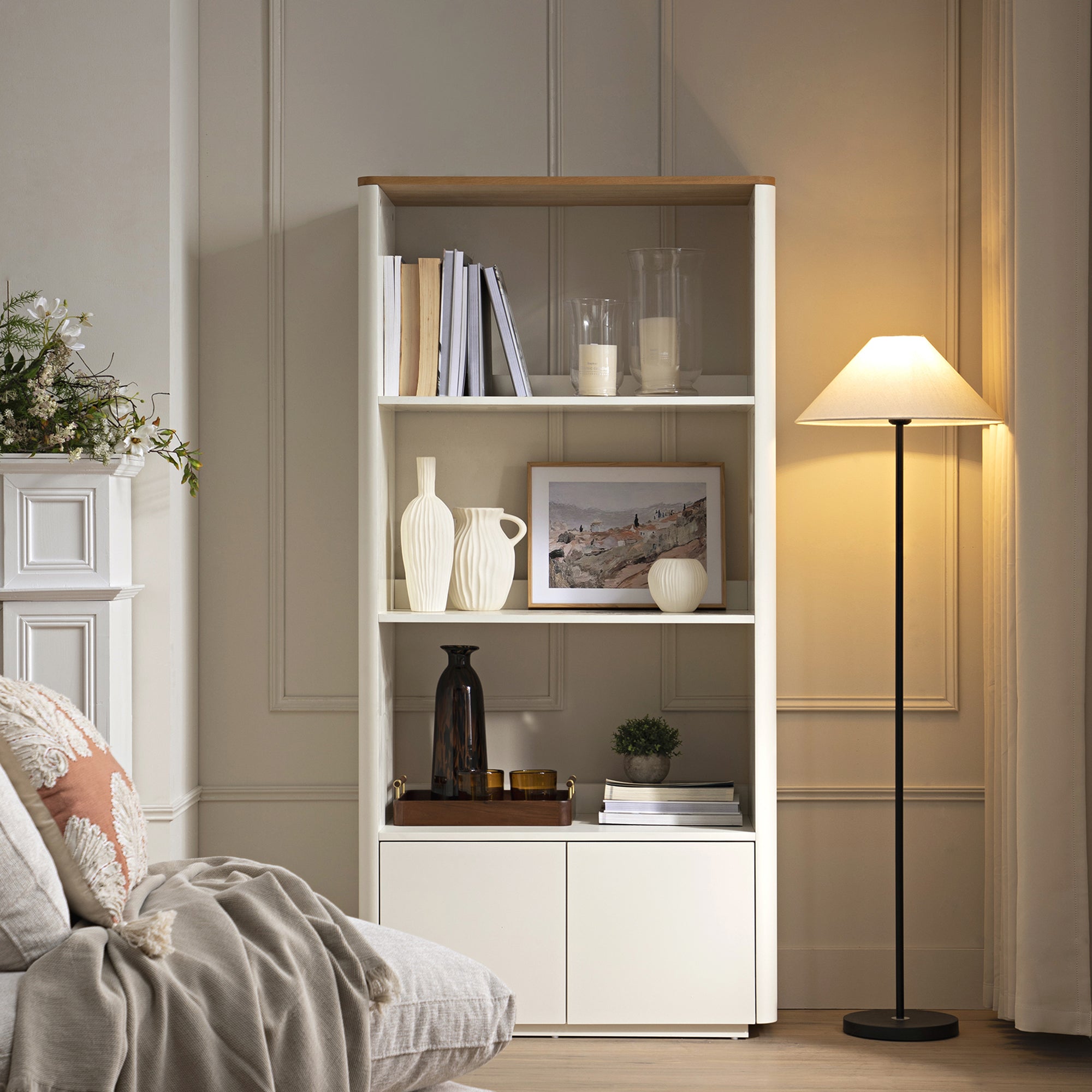 agnes curved edge bookcase, off white with oak top agnes curved edge bookcase, off white with oak top